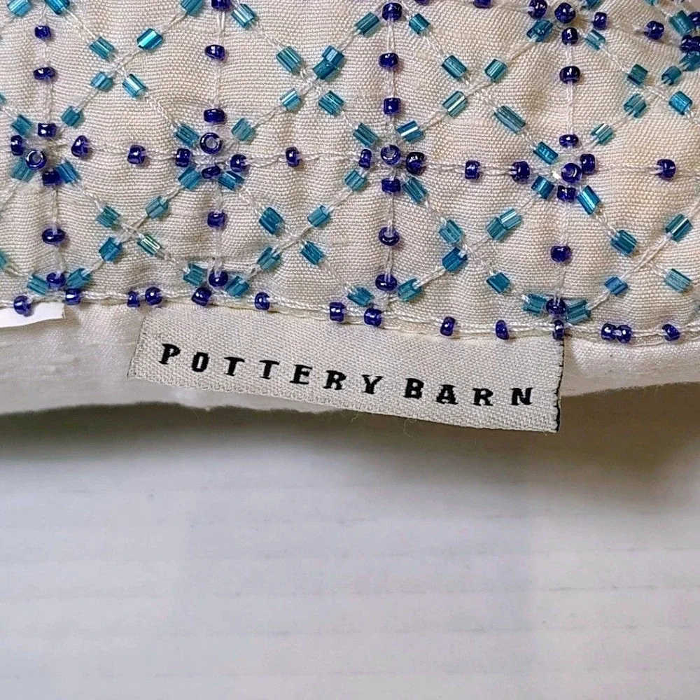 Pottery Barn Beaded‎ Silk Throw Pillows Set of 4 White Blue Teal Geometric 12x12
